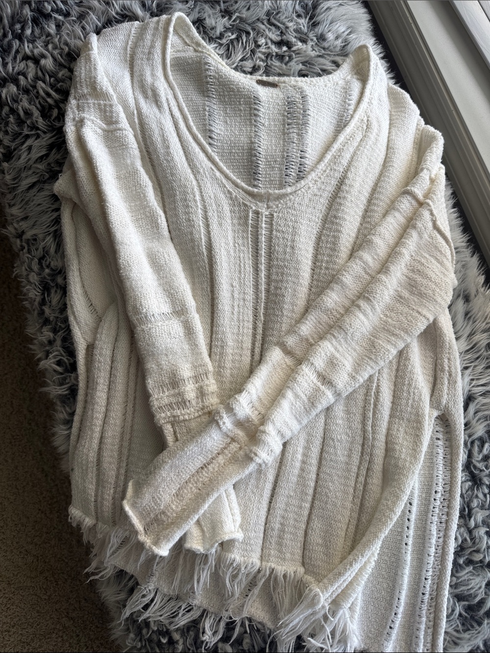 Free People Ivory Scoop Neck Fringe Knit Sweater
